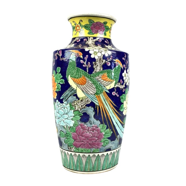 1950’s Vintage Japan Double Peacock Cobalt Hand Painted Vase For Sale