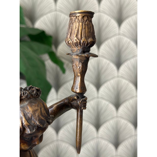 Antique Art Nouveau Brass Bronze Cherub Cupid Angel Candlestick Holder Sculptures - A Pair For Sale - Image 17 of 18