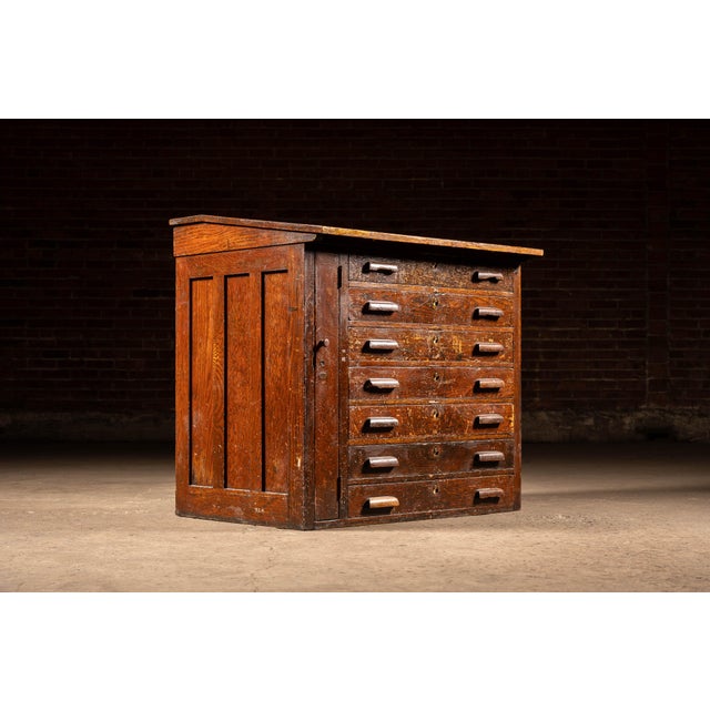 Industrial Antique Arts and Crafts Quarter-Sawn Oak Slant-Front Flat-File Cabinet For Sale - Image 3 of 17