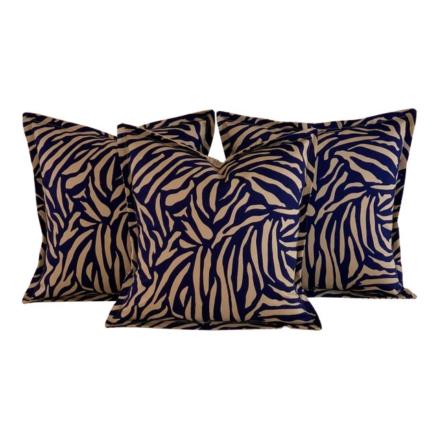 Designer Vicki Payne Free Spirit Navy Blue & Taupe Brown Zebra Animal Print Pillow Covers- 3 Pieces For Sale