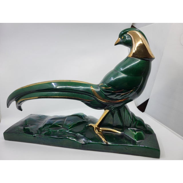 Forest Green Lemanceau Charles, Sculpture Royal Pheasant by Charles Lemanceau for the Saint Clément Factory (C. 1930), 1920s, Ceramic & Enamel & Gold Leaf For Sale - Image 8 of 18