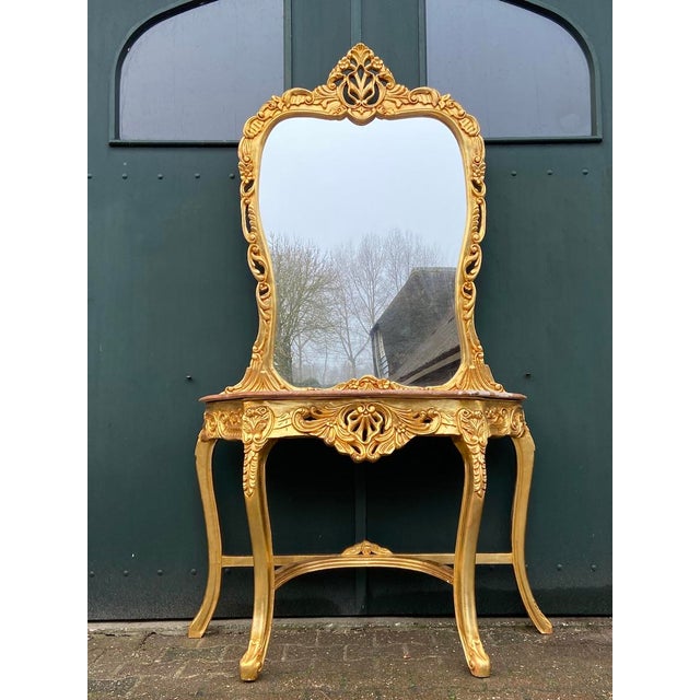 1970s Louis XVI Artisan Gilt Beech Marble Console Table & Mirror 2pc For Sale - Image 10 of 10