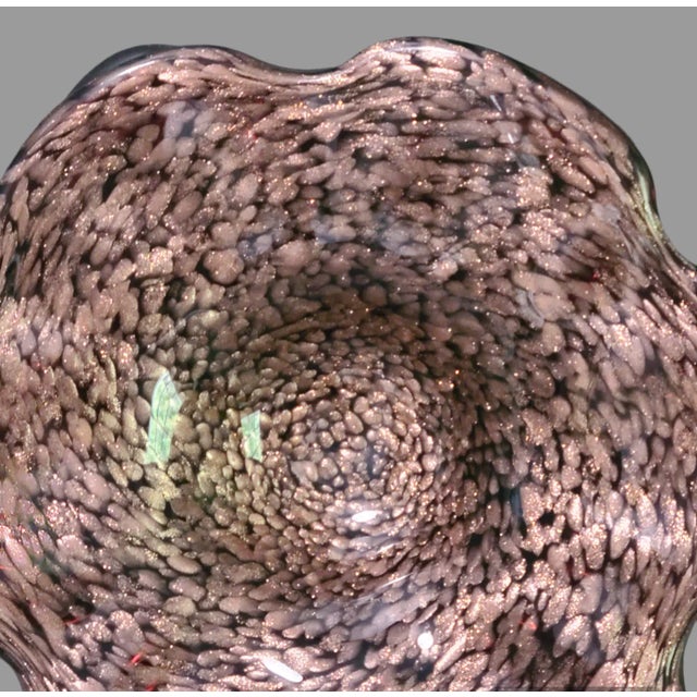 Vintage Murano Art Glass Flower Shaped Bowl Blum Purple Color Copper Dust Original Label For Sale - Image 6 of 9