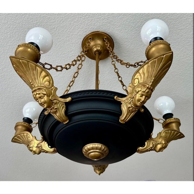 1920s Art Deco Brass Chandelier Black Flat Paint, Roman Woman Motifs, Geometric Chain For Sale - Image 4 of 12