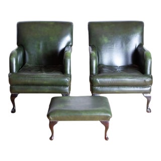 Mid 20th Century Pair of George Smith Style Leather Armchairs and Ottoman For Sale