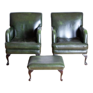 Mid 20th Century Pair of George Smith Style Leather Armchairs and Ottoman
