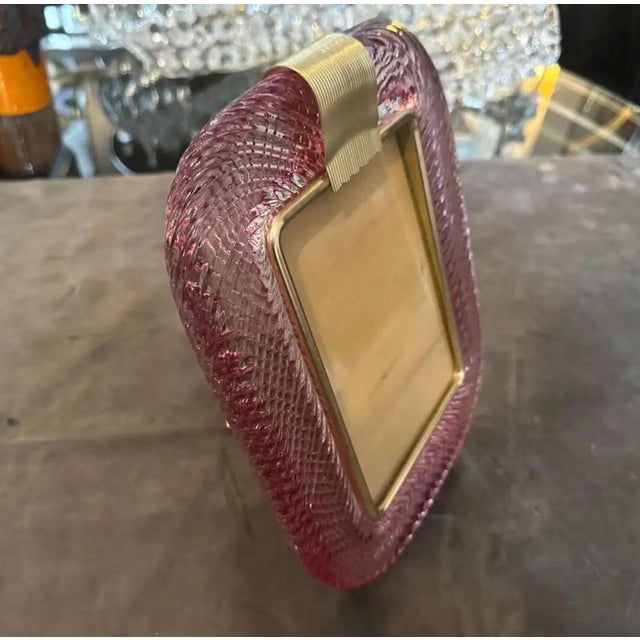 Pink 1990s Barovier Style Art Deco Pink Murano Glass and Brass Picture Frame For Sale - Image 8 of 9