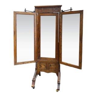 Early 20th Century American Arts and Crafts Oak and Iron Tri-Fold Haberdasher Cheval Mirror For Sale