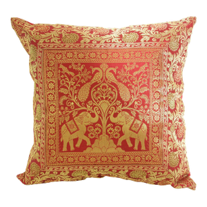 Decorative Silk Throw Pillow With Elephants and Peacocks India
