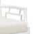 White finish on rattan fretwork armchair with attached off white fabric cushion. 38h x 21w x 19d