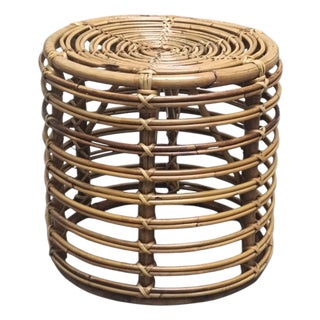 Vintage Cylindrical Rattan and Bamboo Stool attributed to Tito Agnoli, 1960s For Sale
