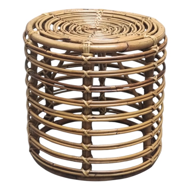 Vintage Cylindrical Rattan and Bamboo Stool attributed to Tito Agnoli, 1960s For Sale