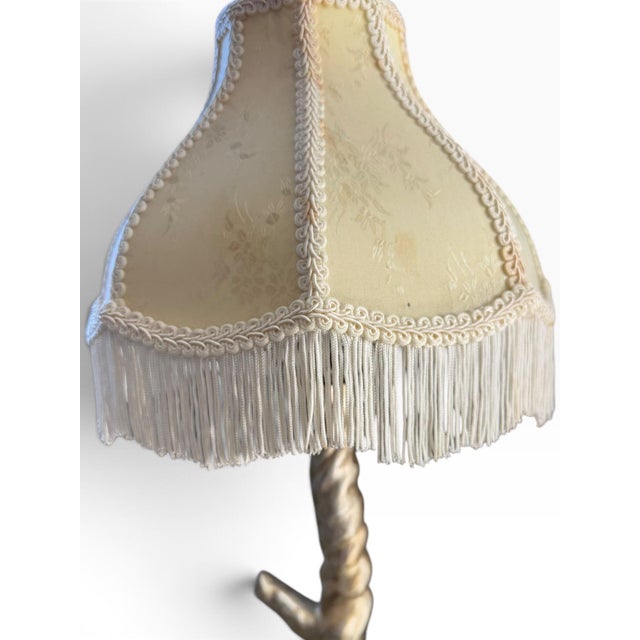 Gold Bird on Tree Trunk Table Lamp With Fringed Scalloped Shade | Hollywood Regency For Sale - Image 8 of 9