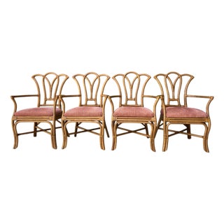 Vintage Rattan Fan Back Dining Chairs With Arms — Set of 4 | Palm Beach Regency For Sale