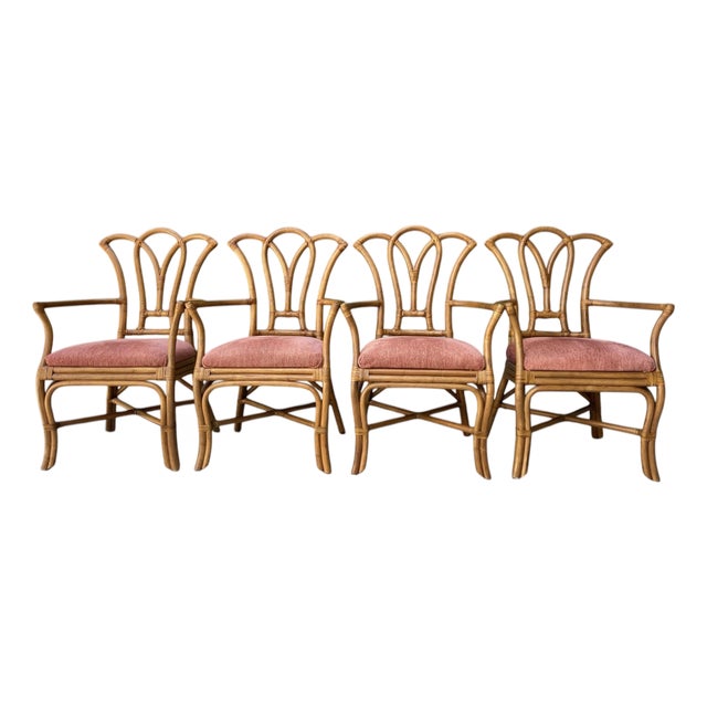 Vintage Rattan Fan Back Dining Chairs With Arms — Set of 4 | Palm Beach Regency For Sale