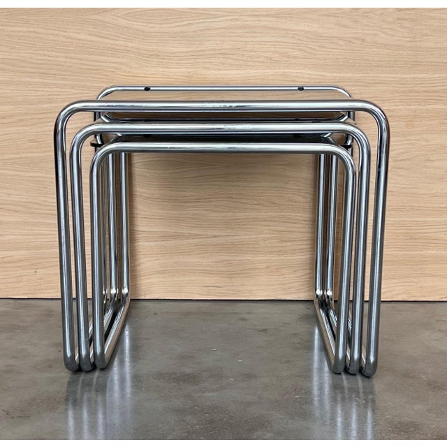 Mid 20th Century Cantilevered Chrome & Glass Nesting Tables with Fume Glasses For Sale - Image 16 of 18
