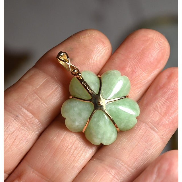 14k Gold Carved Green Jade Flower Pendant Enhancer For Sale - Image 16 of 16