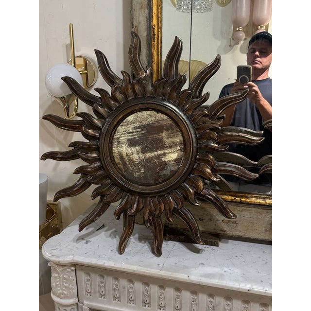 Traditional 1940s Pair of Italian Silver Wood Sunburst Mirrors For Sale - Image 3 of 6