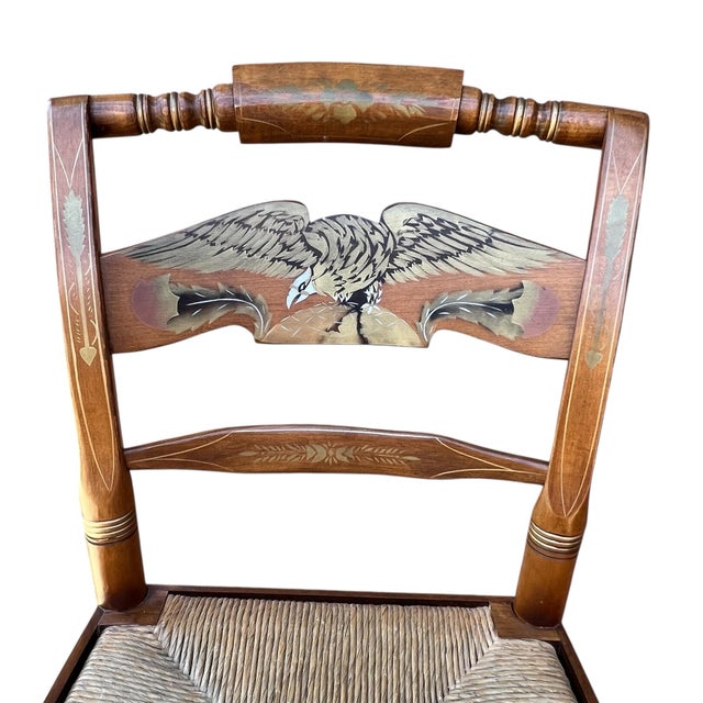 Textile Ethan Allen Hitchcock Maple American Eagle Back Rush Seat Chair For Sale - Image 7 of 8