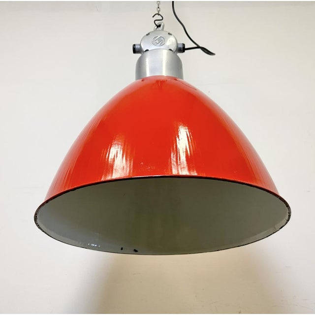 Metal Large Industrial Red Painted Factory Lamp from Elektrosvit, 1960s For Sale - Image 7 of 16