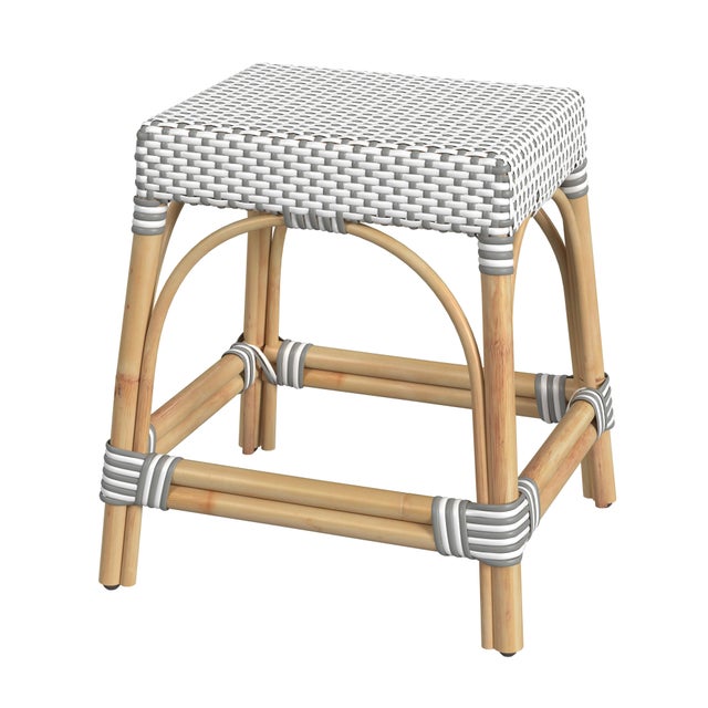 Wood Robias 18 in. Seat Height Rectangular Rattan Low Dining Stool, Gray/White Dot / Natural Rattan Frame For Sale - Image 7 of 7