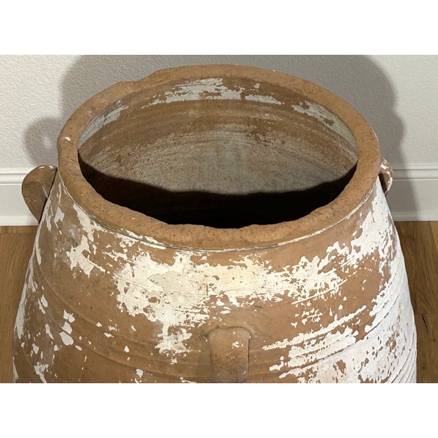 Large 42.0625” HT Antique Terracotta Pot c.19th Century Mediterranean Greek Olive Jar or “Pithari” Distressed White Lime...