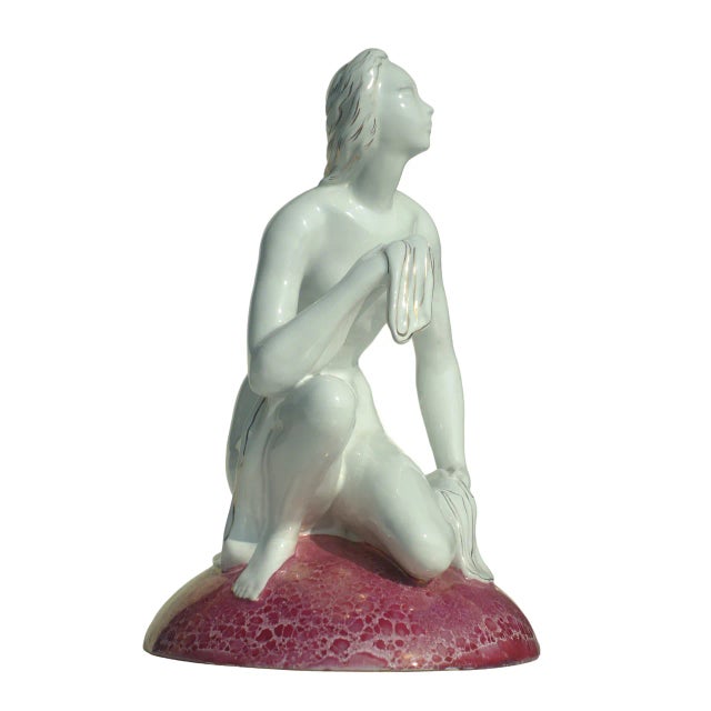 Woman Figure Art Deco Italy, 1940 White Pottery Pink and Gold Finishing Perfect Condiction Mark signed under the base This...