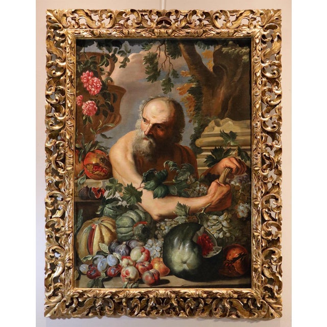 Bottega Di Abraham Brueghel, Portrait of the Greek Philosopher Diogenes with a Composition of Fruit, 1680, Oil on Canvas For Sale - Image 14 of 14