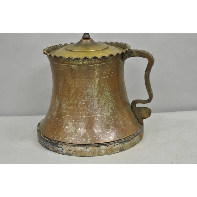 Traditional Antique Anglo Indian Moroccan Hammered Copper Pitcher With Handle Table Lamp For Sale - Image 3 of 14