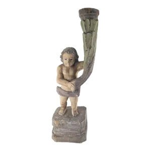 Early 20th Century Spanish or Portuguese Colonial Carved Wood Cherub Candle Holder