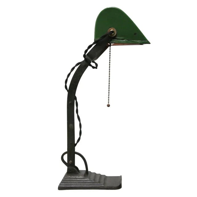 Green enamel, black cast iron desk light / banker’s lamp 2,5 meter black cotton flex, plug and pull switch. European Plug...