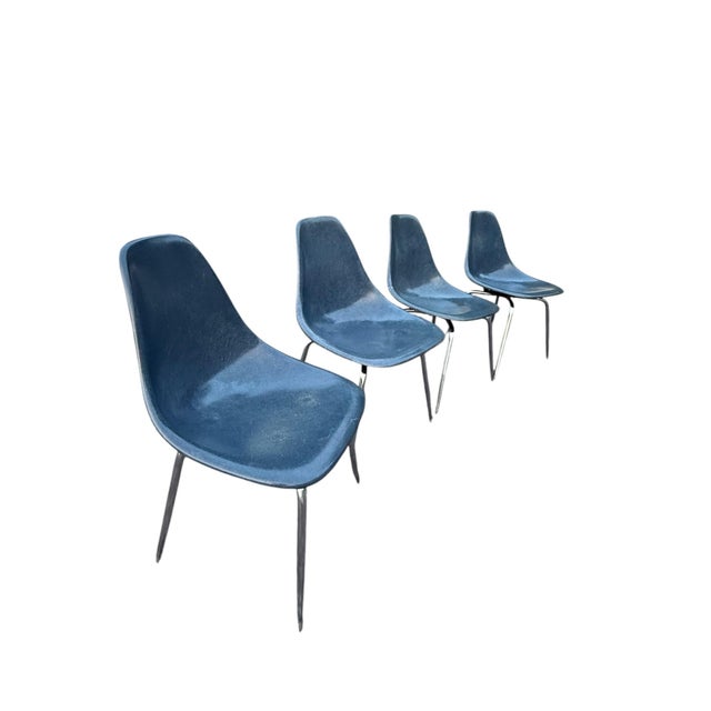 Vintage Mid-Century Modern Blue Fiberglass Shell Chairs, Chrome Legs, Set of Four For Sale - Image 10 of 18