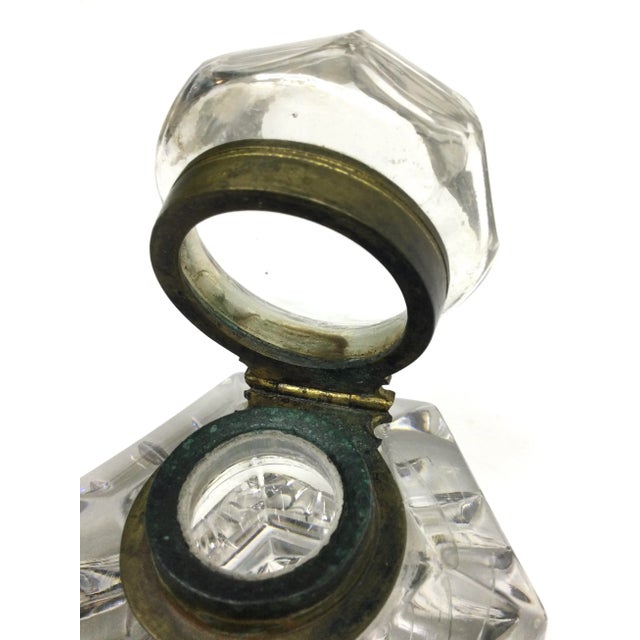 Art Deco Crystal Brass Lidded Ink Well For Sale - Image 3 of 10