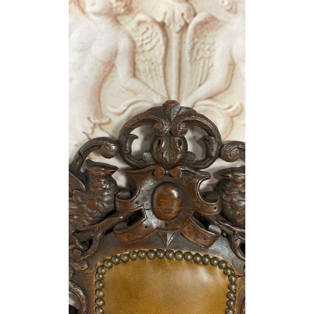 Set of 6 Antique Jacobean Hunt Chairs in Heavily Carved Oak With Cognac Leather For Sale - Image 10 of 18