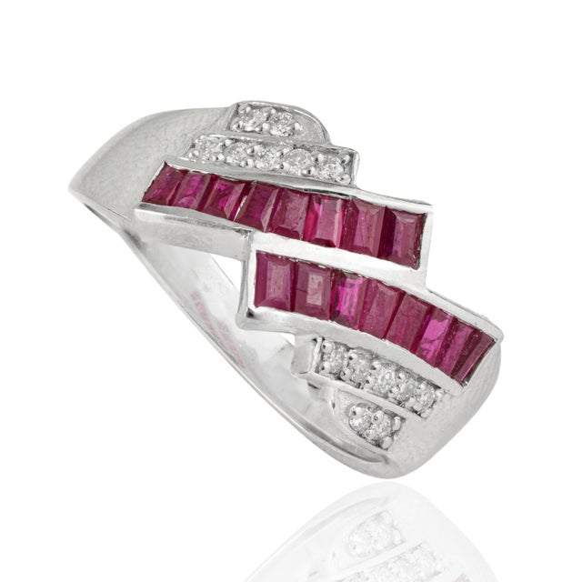 Art Deco Art Deco Style Baguette Ruby & Diamond Statement Ring in 925 Silver Size 8 For Sale - Image 3 of 15