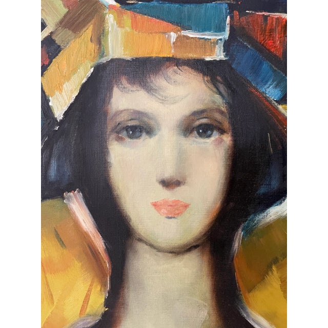 Wonderful vintage oil portrait of a woman. Signed M. Sellarés. Framed. Features reds, yellows, and blues. Stunning detail...