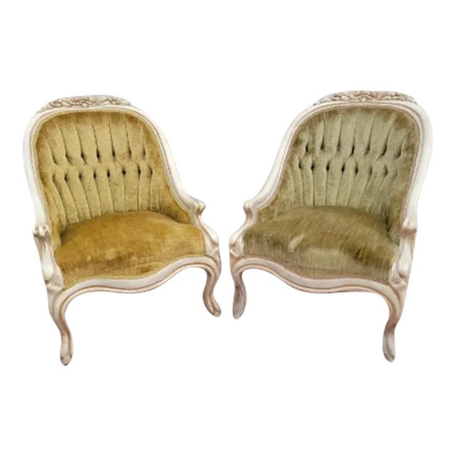 Hollywood Regency French Carved Tufted Back Lounge Chairs - Pair For Sale