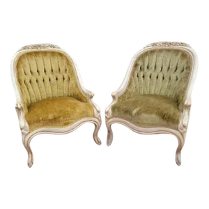 Hollywood Regency French Carved Tufted Back Lounge Chairs - Pair