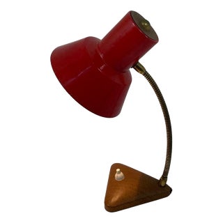 Red Desk Lamp with Faux Wooden Base and Accent & Brass Gooseneck For Sale