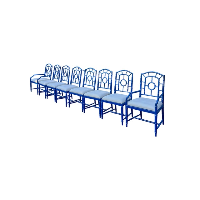 Blue Faux Bamboo Chinoiserie Style Blue Dining Chairs in Blue Set of 8 For Sale - Image 8 of 14