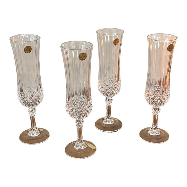 Late 20th Century Cristal D’Arques Longchamp French Lead Crystal Champagne Flutes – Set of 4 With Box For Sale
