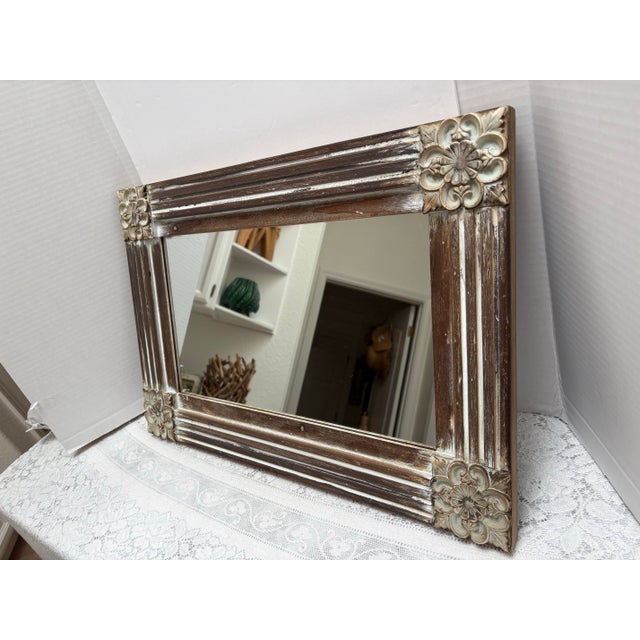 Vintage Rustic Carved Wood Wall Mirror With Flowers For Sale - Image 4 of 6