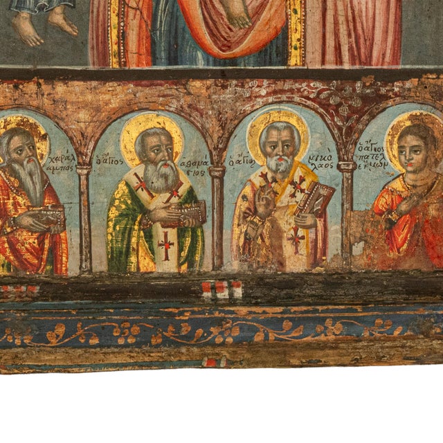 18th Century Antique 18thC Greek Orthodox Triptych Icon Virgin Mary & Saints Egg Tempera 1700 For Sale - Image 5 of 18