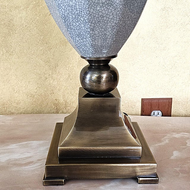 Light Gray Vintage Crackle Glaze Ceramic Table Lamp on Antiqued Brass Base, Transitional Style For Sale - Image 8 of 18