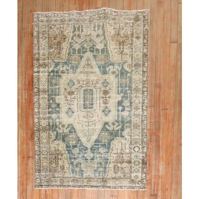 Early 20th Century Zabihi Collection Worn Green Persian Scatter Size Rug - 3'3" x 4'10" For Sale - Image 4 of 8