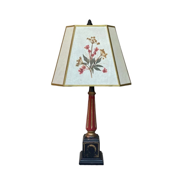 Orange 1940s Paint Decorated Italian Column Lamp With Pressed Botanical Shade For Sale - Image 8 of 8