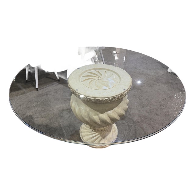 Glass Top Stone Pedestal Base Dining Table For Sale