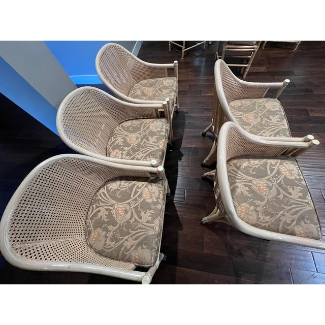 Contemporary Vintage McGuire San Francisco Rattan Barrel Back Armchairs, Set of 5 McGuire Rolling Chairs in Excellent Condition For Sale - Image 3 of 8