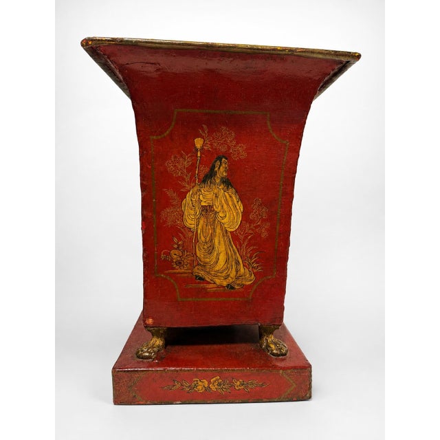 Chinoiserie Pair of Large Italian Chinoiserie Decorated Red Tole Neoclassical Planters For Sale - Image 3 of 10