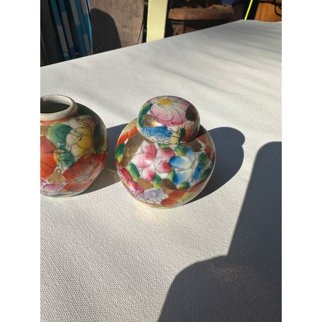 Asian Pair of Small Vintage Asian Floral Vases For Sale - Image 3 of 7